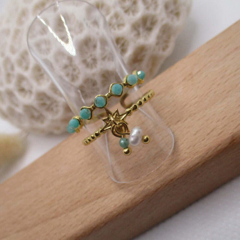 Bague amazonite en acier inoxydable doré et turquoise – Image 2