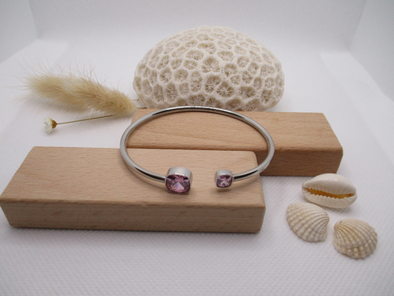 Bracelet jonc souple argent et cristaux roses