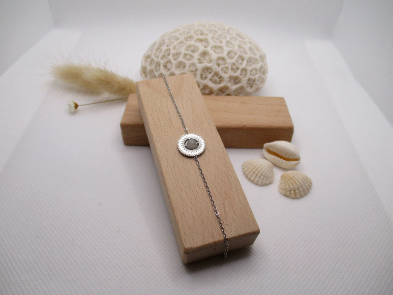 Bracelet en acier argent pierre naturelle grise