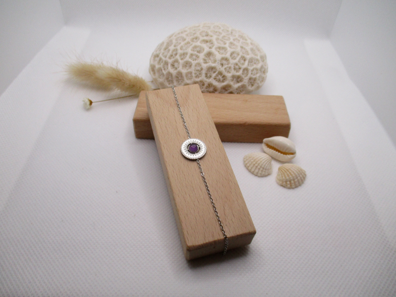 Bracelet en acier argent pierre naturelle mauve
