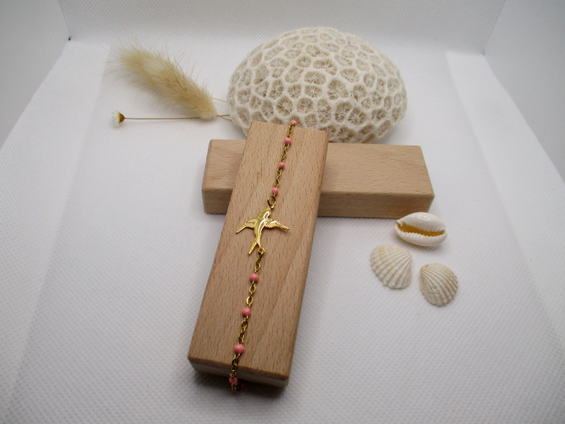 Bracelet hirondelle en acier inoxydable chaîne perlée rose